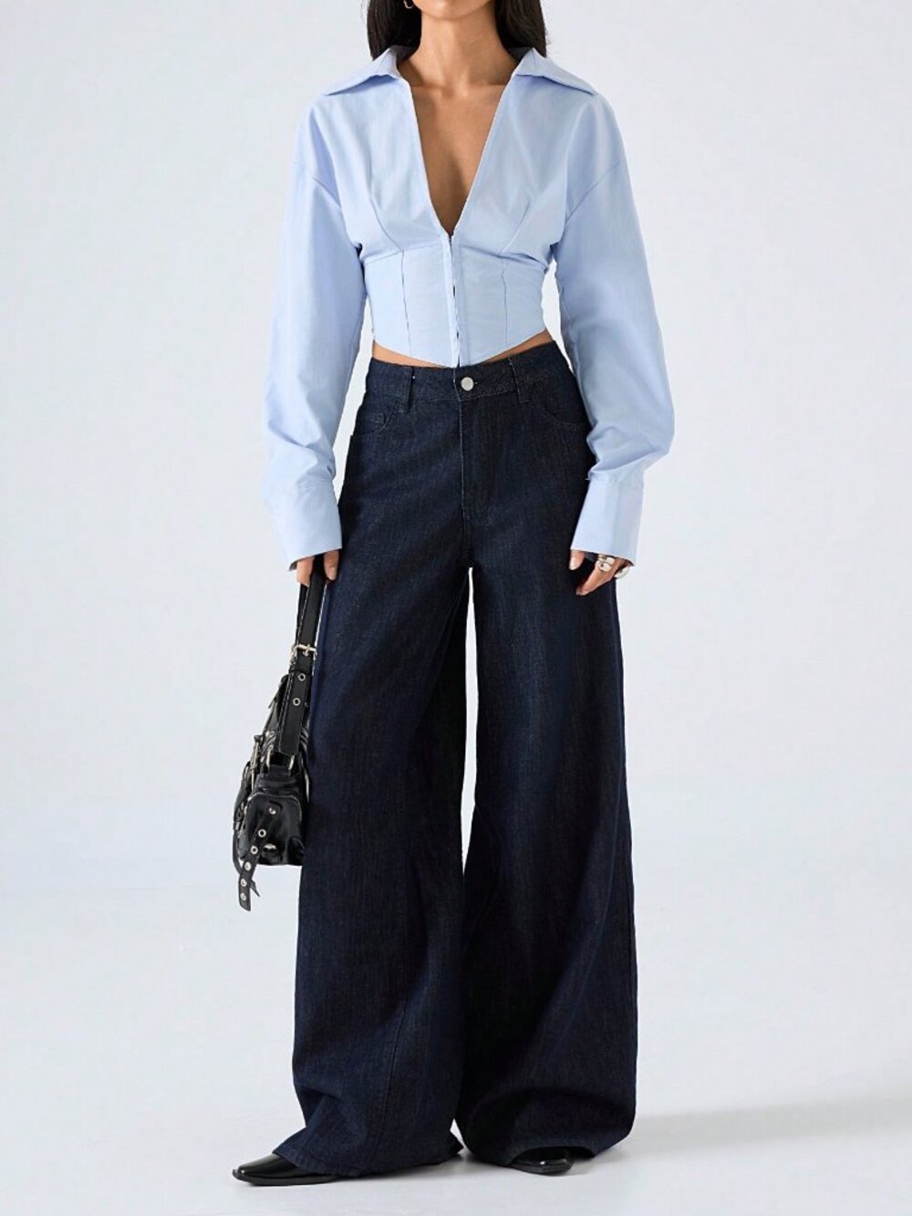 Blue Casual Women's Asymmetrical Button Zipper Slim Fit Long Sleeve Shirt